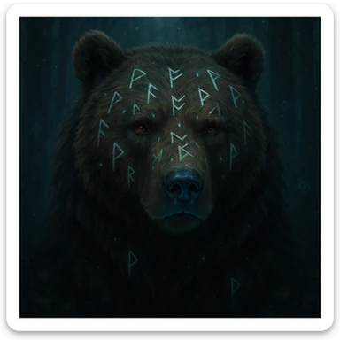 a bear's head with runes carved into fur, mystical atmosphere sticker