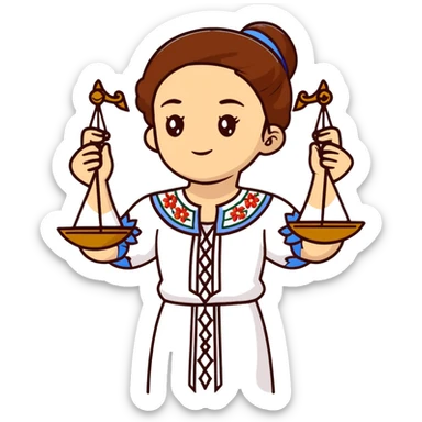 Ukrainian girl with brown hair wearing traditional embroidered shirt (vyshyvanka) holding scales of justice in her hand sticker
