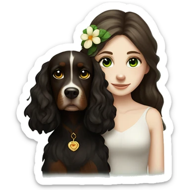 pale skin girl with green eyes with long dark brown hair that has a flower in her hair  snuggling a black and brown cavalier dog the dog also has a flower in its hair sticker