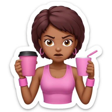 Angry brown girl with pink gym set and coffee sticker