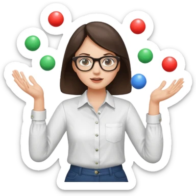 a brunette girl in a shirt and glasses  juggling  with two hands  sticker