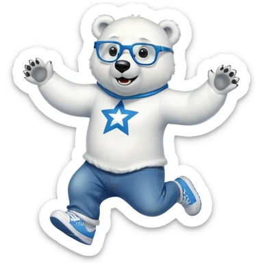 friendly anthropomorphised polar bear jumping and looking excited, wearing a shirt, jeans, trainers, star-shaped glasses sticker