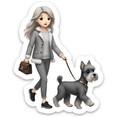 A long-haired girl walking a miniature schnauzer sticker