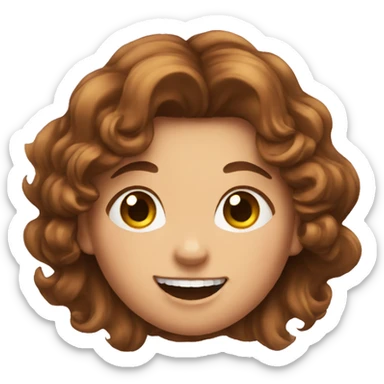 a girld with curled brown hair with a missing tooth sticker