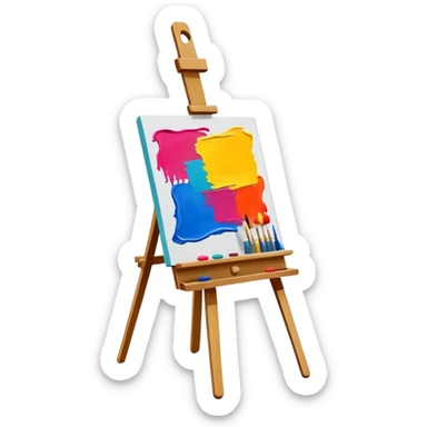 Painting on an easel, brush strokes, vibrant colors, abstract or classical style, textured effect, minimalistic, on a white background, no extra details, easel included. sticker