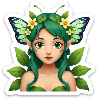 Cinematic Realistic Forest Fairy Portrait, head tilted playfully and inquisitively, showcasing a nature-inspired form with intricately detailed, sunlit tanned skin and cascading dark green hair interlaced with leaves and blossoms showing her large butterfly wings from her back. Her bright, curious eyes sparkle with forest mischief, rendered with lifelike clarity and warm, dappled lighting that captures the spirit of an enchanting woodland fairy ready to dance among the trees. sticker