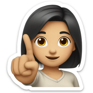 small girl with dark hair pointing her pointing finger up from behind sticker