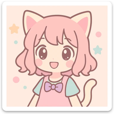 cat girl, anime style, extremely cute, big sparkling eyes, fluffy cat ears, playful smile, soft pastel colors, kawaii aesthetic sticker