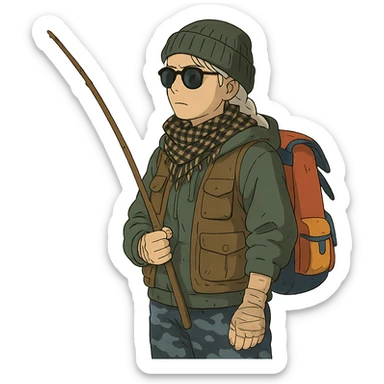 1 female, long white braid, knit cap, dark sunglasses, shemegh neckwrap, fishing vest, vibrant shool backpack, drab hoodie, handwraps, blue camo pants, holding a wooden stick fishing pole, unkempt, stoic sticker