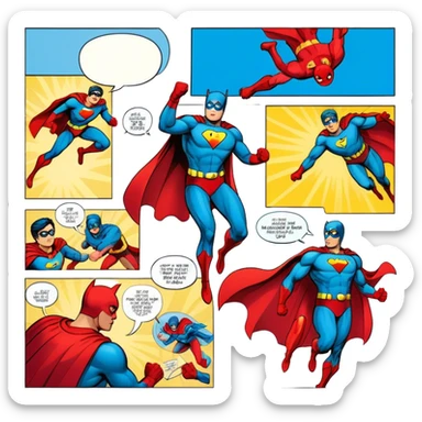 Create a vibrant and dynamic emoji representing comic books and graphic novels as an art form. The design should feature a comic book page with panels and speech bubbles, showcasing bold lines and vibrant colors. Include elements like a pencil or pen, as well as a superhero icon or an action scene to symbolize storytelling through visuals. Use bright, energetic colors like red, blue, and yellow to convey excitement and creativity. The overall design should feel playful, creative, and artistic. Make the background transparent. sticker