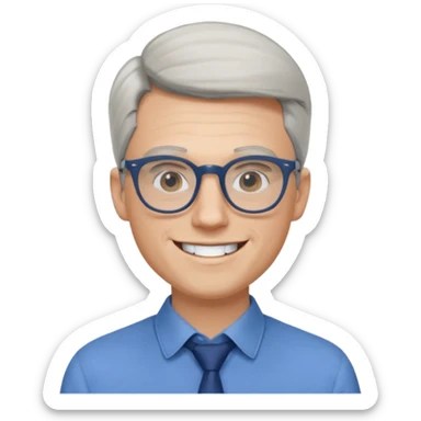 30 yr old pale white man, white/grey side swept stylish hair, round glasses, big smile, white teeth, handsome, longer hair, thin glasses, blue dress shirt sticker