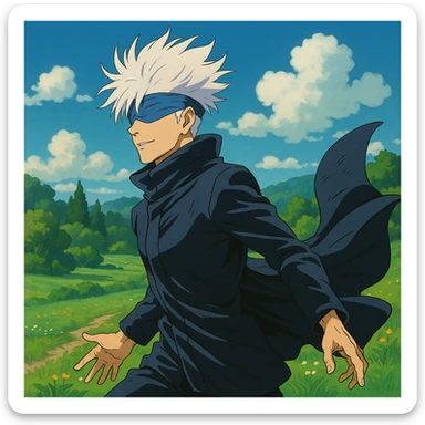 Gojo Satoru, dynamic pose, wind blowing coat, white hair, blue blindfold, lush scenery, Ghibli style sticker