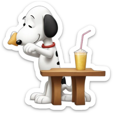 Snoopy (full body, standing) holding a straw in his hand against his nose bent over a table sucking up a pile of sugar -drink -cup sticker