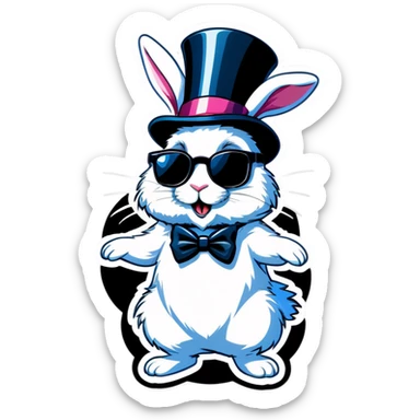 A cute, fluffy white rabbit (wearing dark sunglasses) peeks up and hops out of a sparkly animated top hat.  sticker