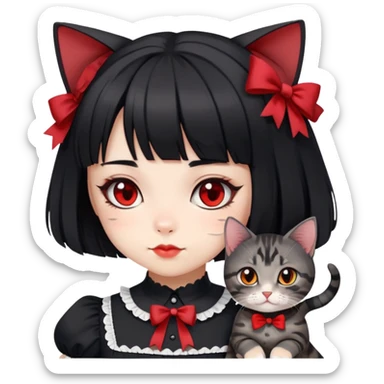 girl wearing black Lolita style dress, with medium-length black hair with red tips, and a black American Shorthair tabby cat sticker