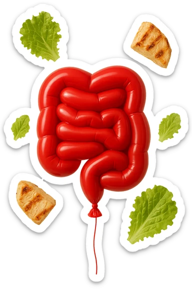intestino chiuso in un palloncino rosso e foglie di insalata e petto di pollo grigliato che fluttuano intorno sticker