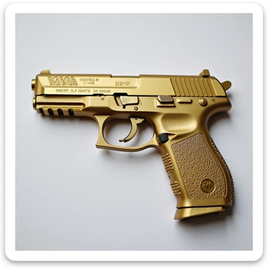 photorealistic gold pistol with a matte finish, no heart shapes or motifs, white background sticker