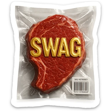 steak with gold embossed 'SWAG' text, glossy and puffy sticker
