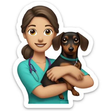 Brunette woman with a top knot wearing scrubs holding a dachshund sticker