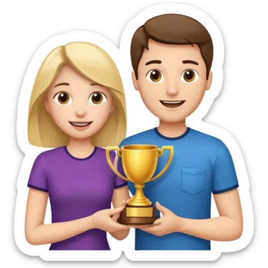 Create an emoji that reflects man & woman that is happy, and that asks a lot of questions and have trophy all around him & her sticker