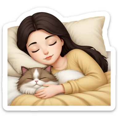 pretty girl with dark long hair sleeping with blonde fluffy  persian cat in bed sticker