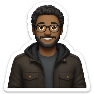 a man with black wavy hair, glasses, a trimmed beard, light brown skin, and a warm smile, wearing a dark outfit with a friendly vibe. sticker