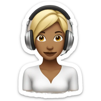 woman with headphones and music notes surrounding sticker