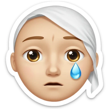 cartoon-style human character with round face and light skin, one large teardrop falling from the eye, big white tissue gently wiping the tear, emotional expression, clean white background sticker