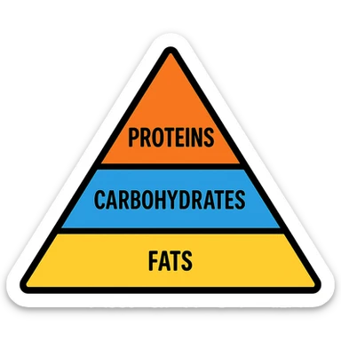 a balanced nutrition triangle divided into three clear sections labeled proteins, carbohydrates, and fats, simple and visually clear, suitable for educational use sticker