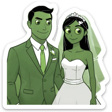 A Blonde girl with light brown skin in wedding dress with  a white man next too her with a suit on sticker