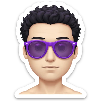 shirtless male athlete with white skin and moderately curly black hair on top with shaved sides, wearing purple sunglasses with black tinted lenses sticker