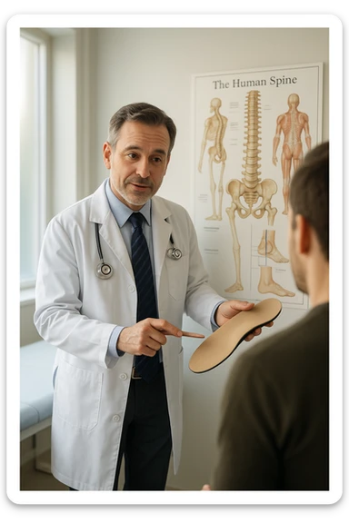 A realistic, cinematic illustration of a professional male doctor in his mid-40s, wearing a white coat, calmly explaining to a patient the benefits of using orthopedic insoles (plantari) for posture correction. The doctor holds a custom insole in his hand while pointing gently to a detailed anatomical poster showing the human spine, pelvis, and feet, illustrating the connection between foot alignment and posture. The setting is a bright, clean medical office with soft natural lighting, a treatment table, and educational anatomical charts in the background. The patient, seen from behind, listens attentively, while the doctor maintains a warm, knowledgeable expression, emphasizing preventive care and body alignment through plantar support. The scene feels trustworthy, modern, and health-focused. sticker