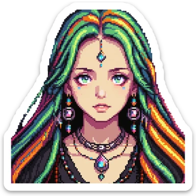 Beautiful girl with metal jewelry, colorful, long hair, dreamy expression sticker