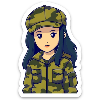 woman with long black hair in camouflage outfit wearing IC daddy cap sticker