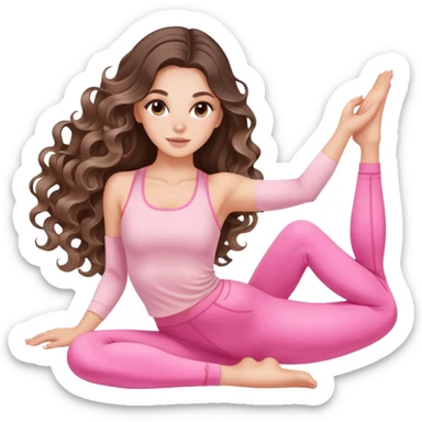 beautiful brunette with a light balayage white girl with nice defined and long curls , very long hair, clean girl makeup STRETCHING IN LIGHT PINK GYM sticker