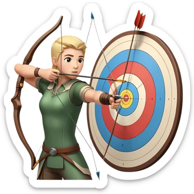 An archer drawing a bow and aiming an arrow at a target, with perfect focus and precision. The target is visible in the background, featuring concentric rings. The scene captures the concentration and skill involved in archery, emphasizing the elegance and accuracy of the sport. sticker