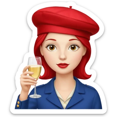 French woman with a red beret and drinking champagne from a coup glass sticker