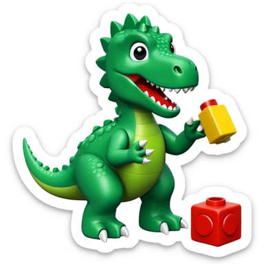 A green dinosaur playing with LEGO sticker