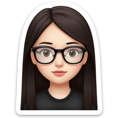 une ado, brune aux cheuveux tres fonces longs lisses blanche, ,lunettes carres noires, yeux bruns fonces joues rose sticker