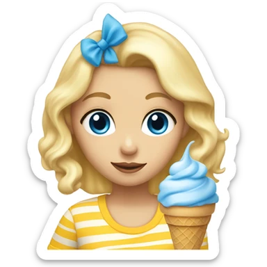 Girl with blonde hair, blue eyes, yellow striped shirt, holding vanilla ice cream cone sticker