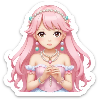Gorgeous anime style-Ladies-Full body shot-Blush-Full accessories-House core-Fairy core-Kawaii anime-Colorful-Pearls-Romantic-Aesthetic pop style sticker