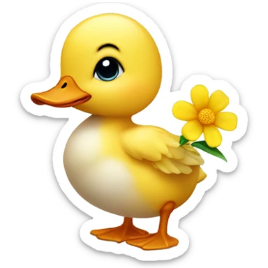 a baby duck holding a flower sticker
