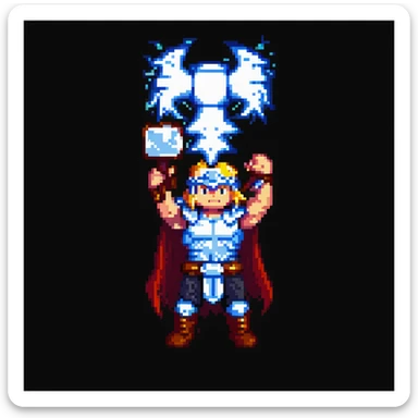 Thor in pixel art style, holding Mjolnir, lightning effects, simple background sticker