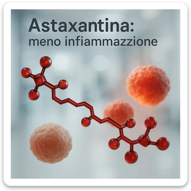 hyper realistic red astaxanthin molecule reducing inflammation, calming inflamed cells, clinical atmosphere, realistic details, text 'Astaxantina: meno infiammazione' sticker