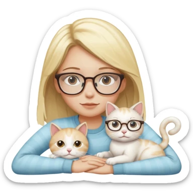 A blond haired girl with glasses laying with her white cat with a few light brown spots sticker