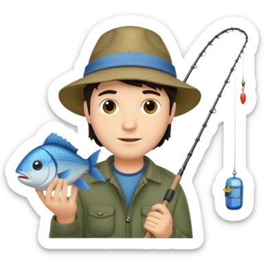 GRANJERO PIEL CLARA Y PELO OSCURO  CON CAÑA DE PESCAR Y UN PESCADO EN LA CAÑA QUE SEA HOMBRE sticker