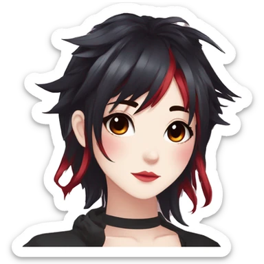 Gorgeous anime style lady with blushing face aesthetic and pretty edgy black red punk hair with hair garment trending style sticker