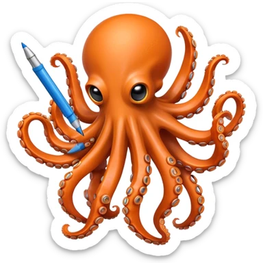 Friendly orange octopus robot holding 8 pens sticker