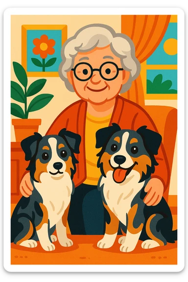 warm, friendly illustration of a grey-haired woman with two mini Australian shepherds, one dainty female and one boyish male, all in a cozy, cheerful scene sticker