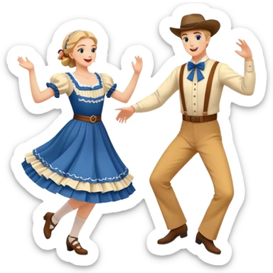 Cinematic Realistic scene of two square dancers in traditional American folk costumes, captured in joyful, coordinated motion with vibrant, rustic lighting that highlights their cultural heritage sticker
